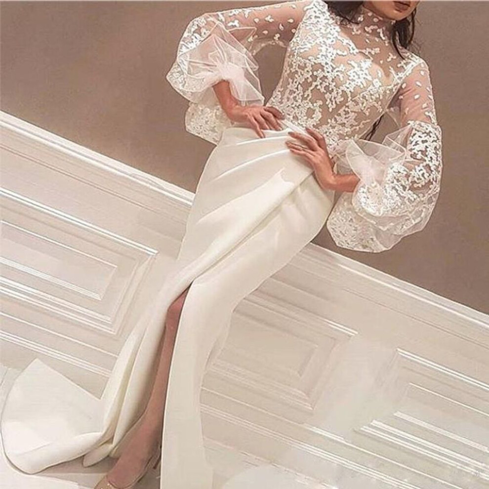 (white, L) 2020 Autumn European & American Women's Sexy Round Neck Puff Sleeve Slit Dress