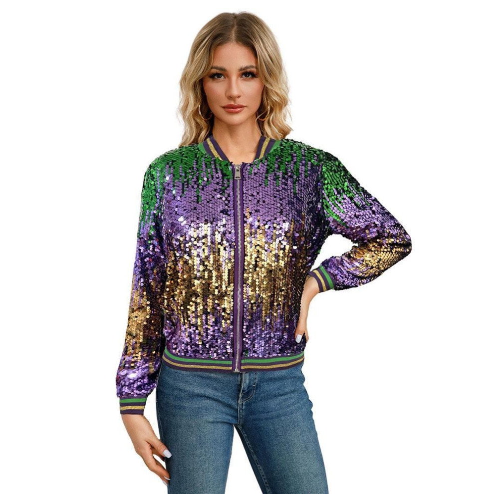 (light purple, Medium) Sequined Stand Collar Women's Baseball Jacket For Spring & Autumn
