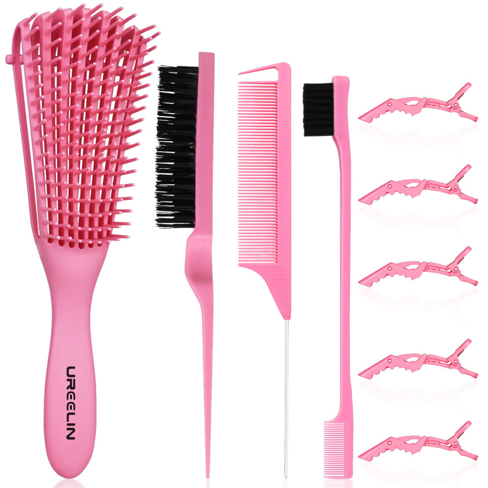 Ureelin Detangling Brush Set Detangler Hair Brush With Teasing & Edge Brush For Curly Hiar Rat Tail Comb Alligator Hair Clips For 3A To 4C Kinky Wavy