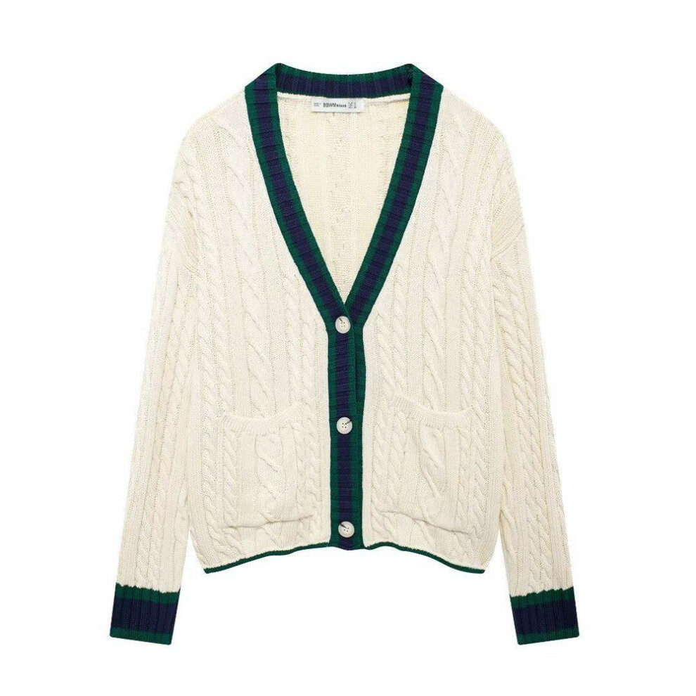 (off-white, Medium) Autumn Women's Cable Pattern Knit Cardigan Jacket