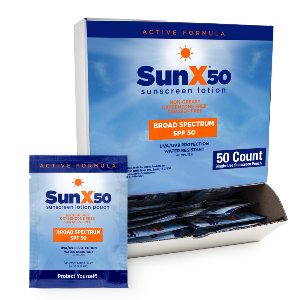 CoreTex Sun X 50 SPF Individual Sunscreen Packets Travel Size - Pack of 50 Paraben, Oxybenzone, & White Cast Free Broad Spectrum SPF Sunscreen Packets
