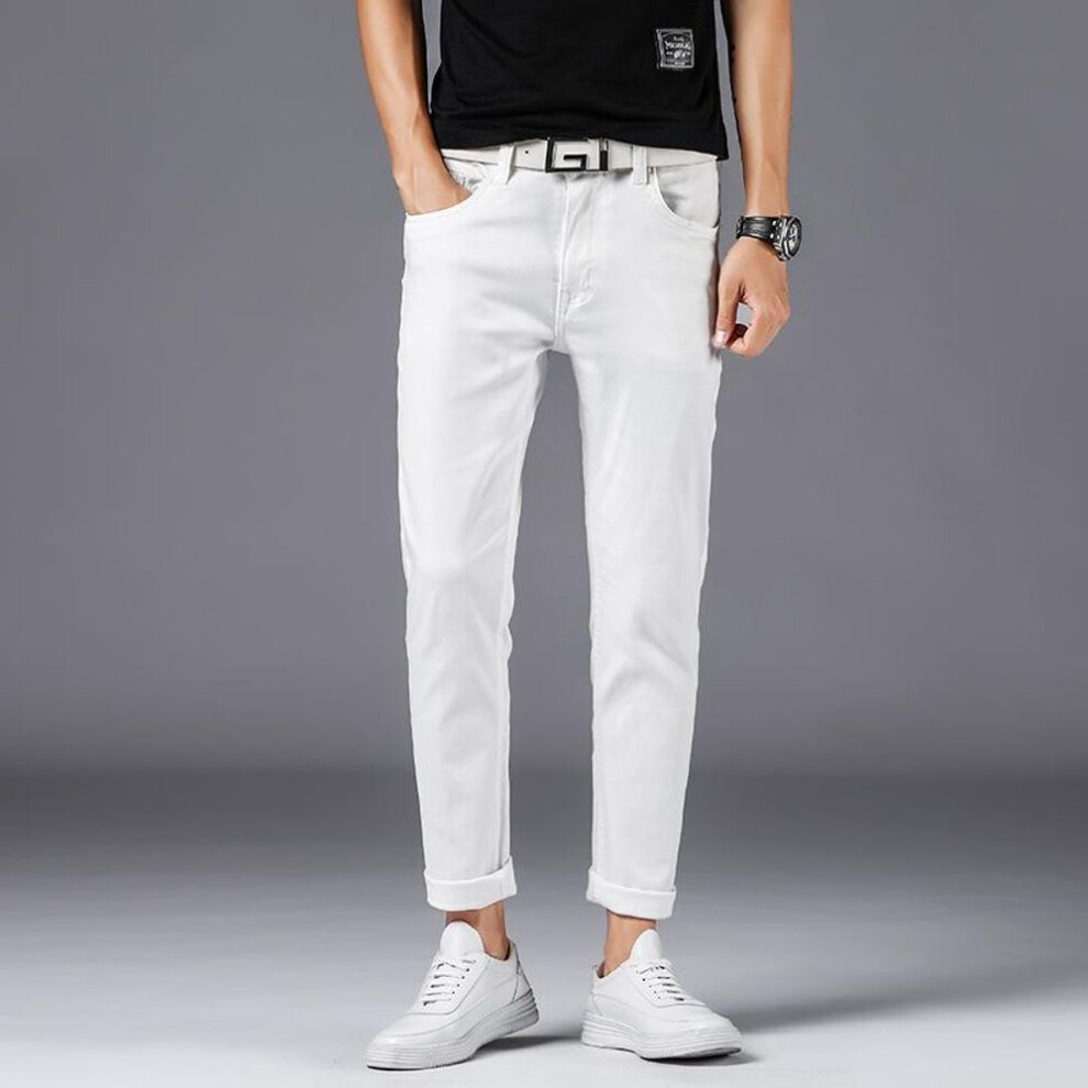 (30) Men's Slim Fit Elastic White Jeans - Trendy Korean Style, Quality Small Straight Leg Trousers