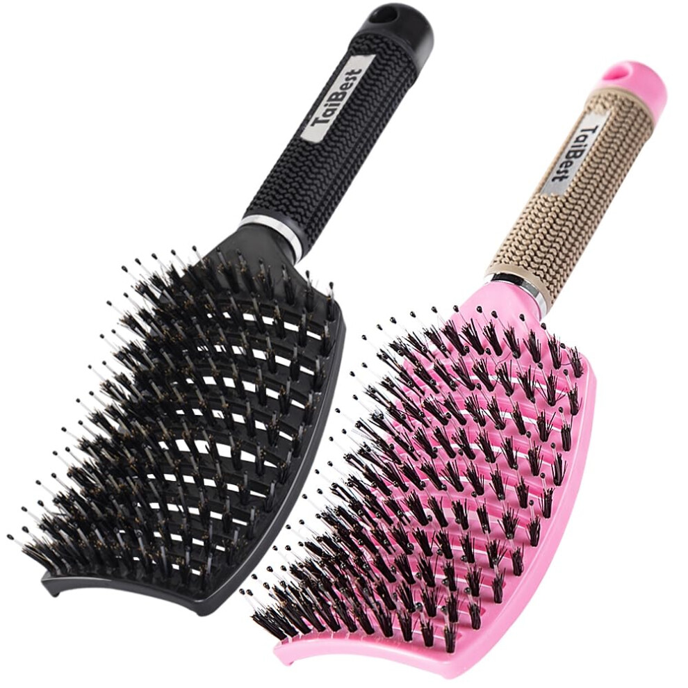 Taibest Boar Bristle Hair Brush Set - Dry/Wet Hair Brush Detangler For Fine, Thick, Curly Hair - Curved And Vented Hair Brush For Women, Men Or Kids