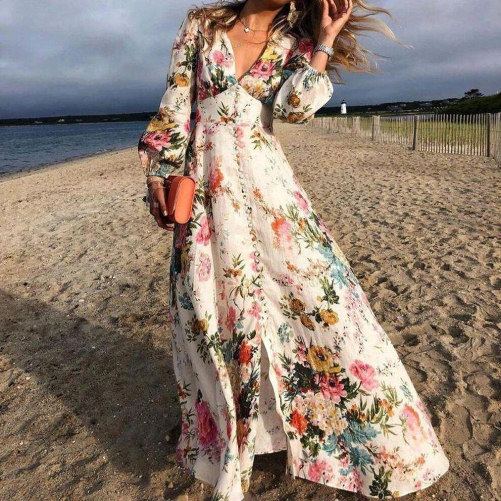 (Extra Large) Romantic Floral Print Deep V-Neck Long Sleeve Maxi Dress for Spring/Summer 2021