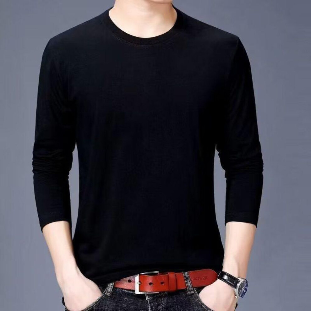 (black, L) Men's Slim Fit Solid Color Long Sleeve Round Neck T-Shirt - Autumn Korean Style