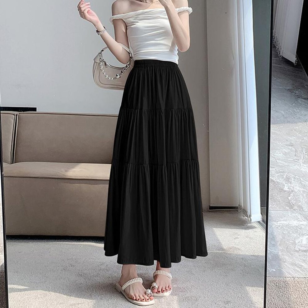 (black, 2XL) Women's 2024 White High Waist A-line Midi Skirt - Spliced, Slimming, Versatile, Casual