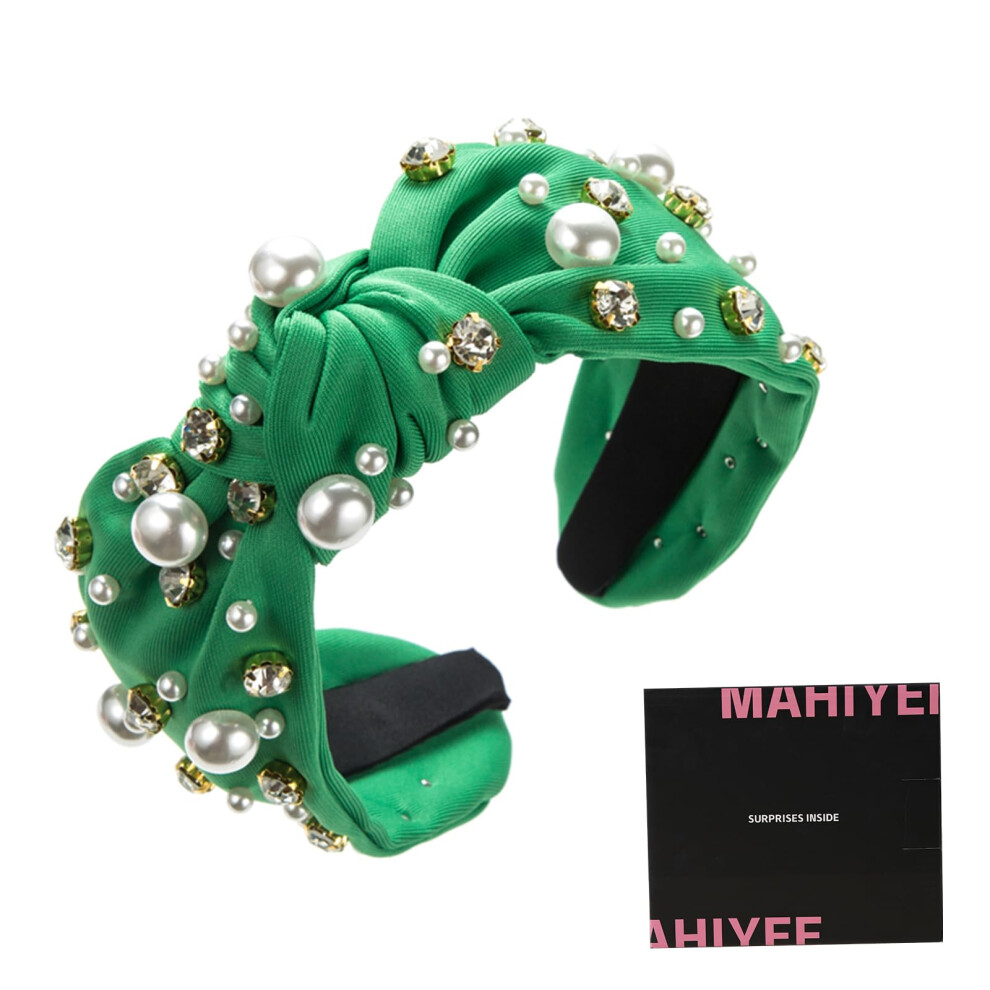 Stesdy Unisex White,Green Womens Fashion Hair Accessories Knotted Headband Green Pearl Hairband For Girls Rhinestone Beaded Jeweled Top Knot Headbands Gifts For Mother's