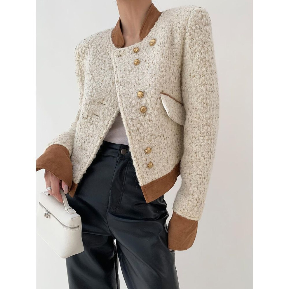 (off-white, M) "Hongshan 2025 Autumn Xiaoxiang Style Wool Short Coat with Spliced Sleeves for Women