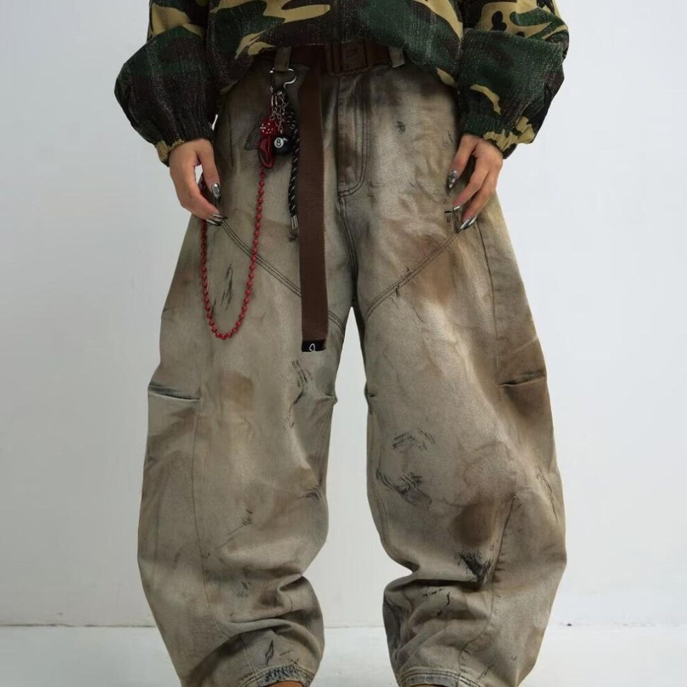 (brown, Medium) Yellow Mud-Dyed Heavy Washed Wide-Leg Distressed Gender-Free Jeans
