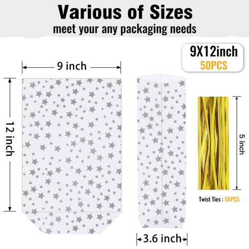 ZIMCEMS 50 unidades 9X12 polegadas Sacos de reforo inferior com estrela prateada impressa em celofane transparente Sacos de embrulho de presente 1