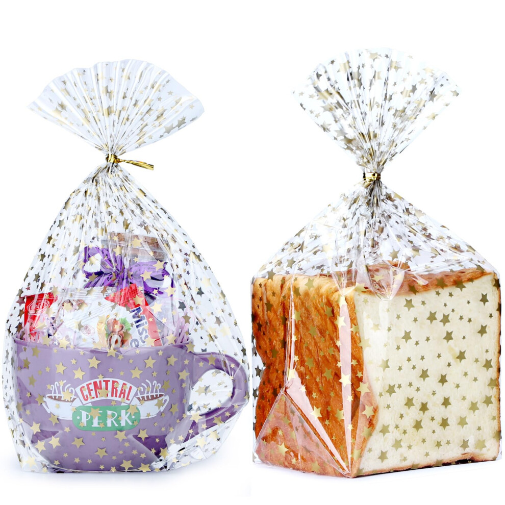 Zimcems 50 St?Ck 9 X 12 Zoll Gro?E Beutel Mit Bodenfalte, Mit Goldenem Stern Bedruckt, Transparente Zellophan-Geschenkverpackungsbeutel, Korbverp-image