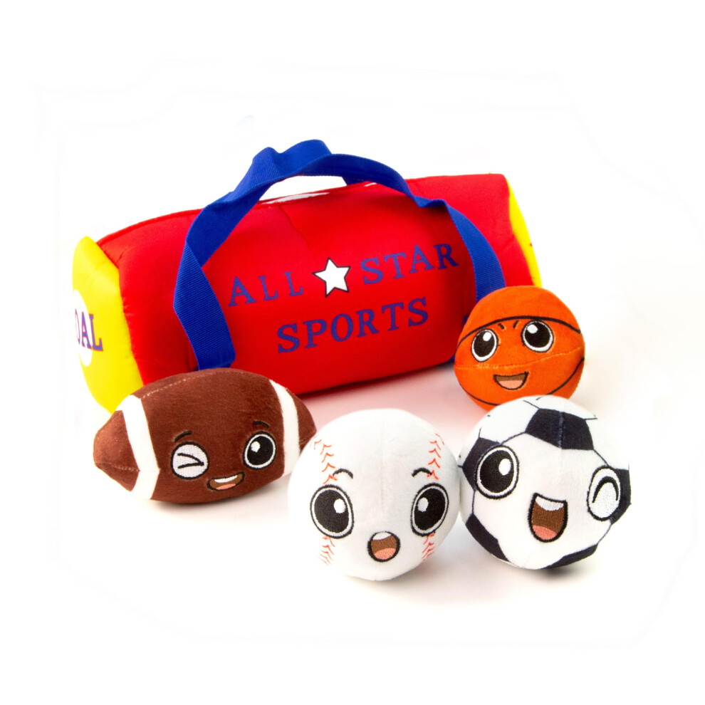 BABY K Mon premier sac de sport pour bébé avec 4 balles de sport en peluche - Balles hochet pour bébé avec ballon de football, basket-ball, baseb