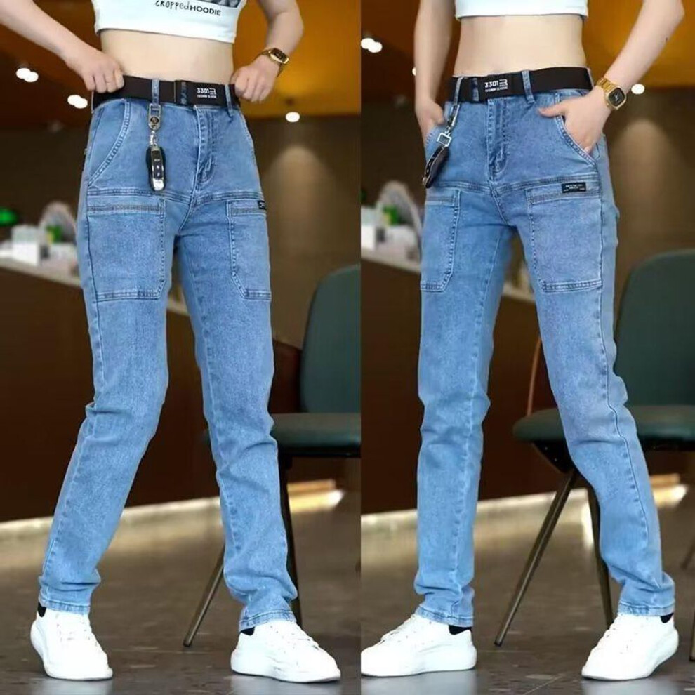 (light blue, 36 (80-90 kg)) Straight-Leg Mid-High Waist Japanese Men's Summer Jeans