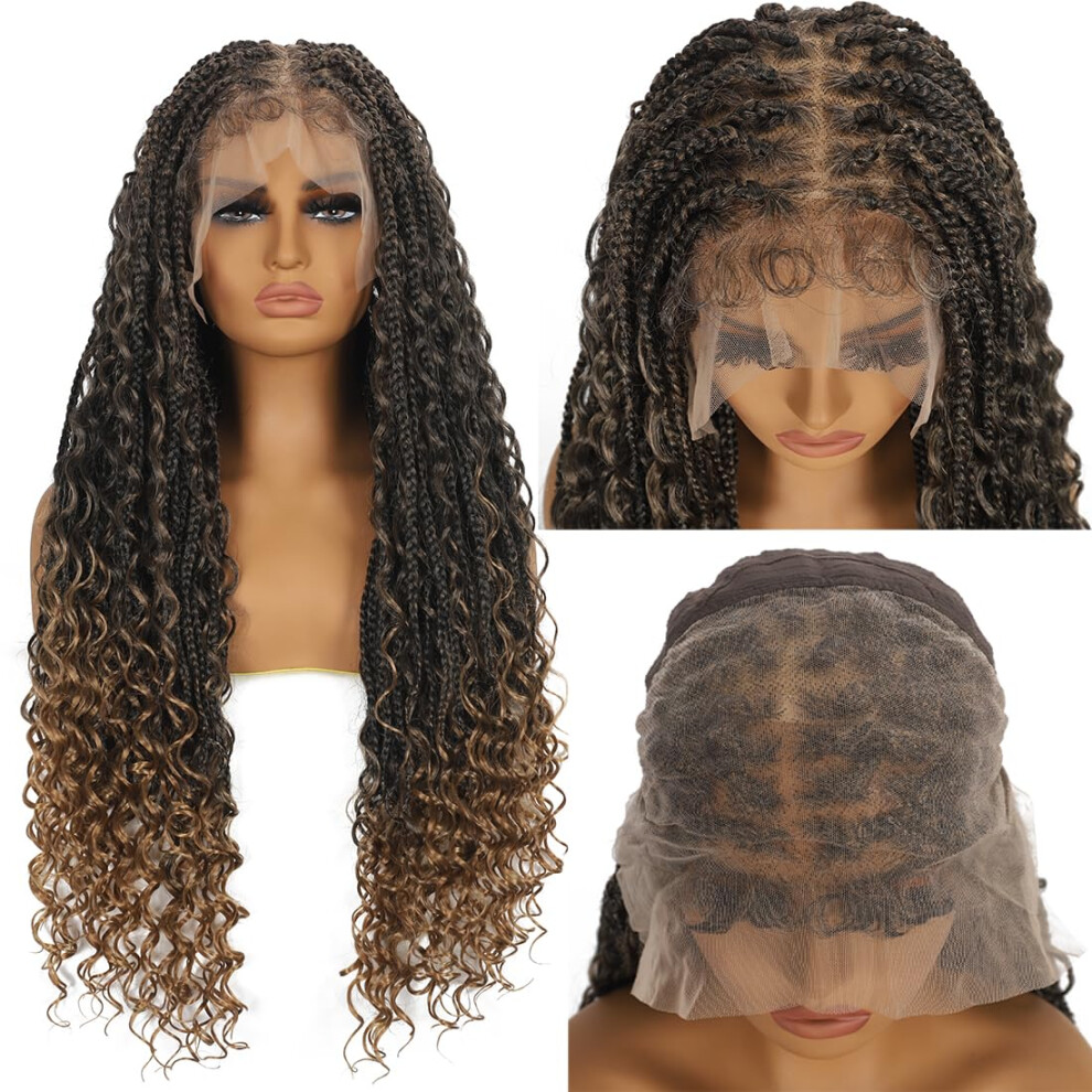 Kintama 28 Inch Half Lace Front Braided Wigs For Black Women Knotless Braids Wigs Bohemian Boho Braids Goddess Box Braids Wig With Baby Hair T27, 28 Inch