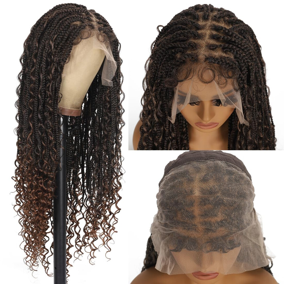 Kintama 28 Inch Half Lace Front Braided Wigs For Black Women Knotless Braids Wigs Bohemian Boho Braids Goddess Box Braids Wig With Baby Hair T30, 28 Inch