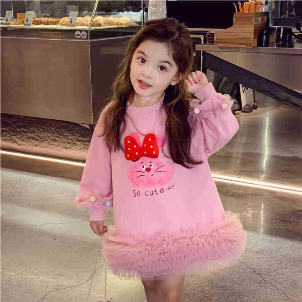 (pink, 130 cm) Autumn 2024 Casual Sweater Mesh Princess Dress For Little Girls