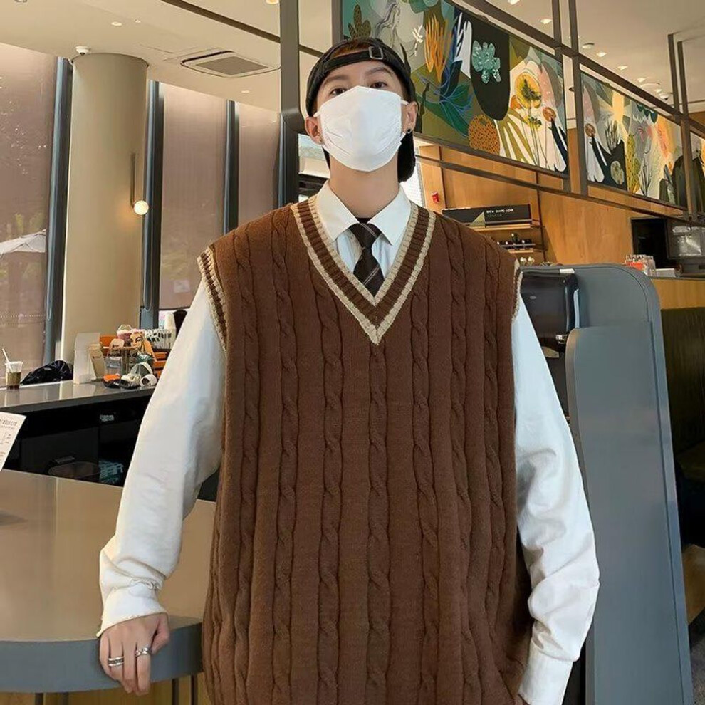 (coffee, 3XL) "men's Retro V-neck College Style Sweater Vest - Loose, Contrast Color, Twist Design For Autumn/winter
