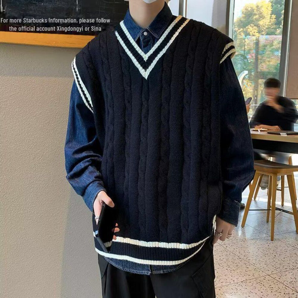 (black, Medium) "Men's Retro V-Neck College Style Sweater Vest - Loose, Contrast Color, Twist Design for Autumn/Winter