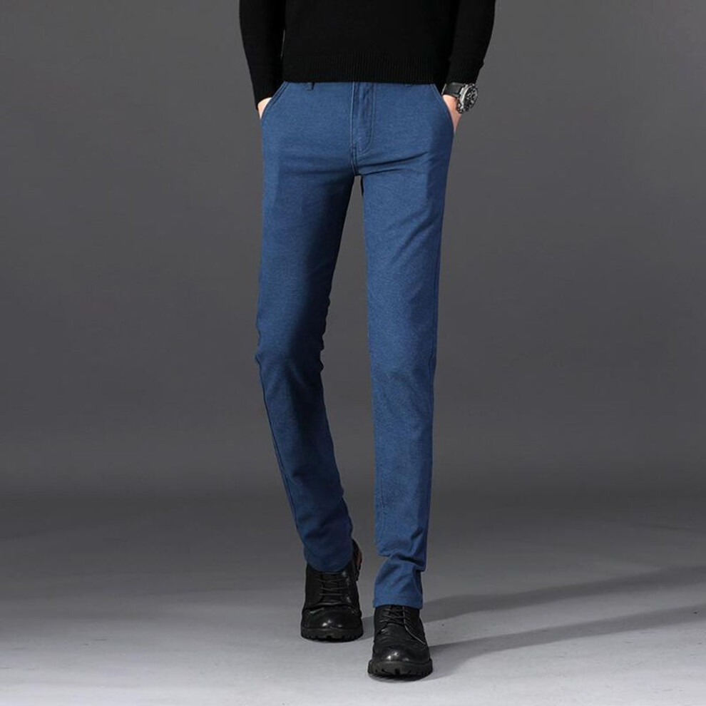 (lake blue, Size 34 (160 pounds)) "men's Slim Fit Cotton & Linen Elastic Pants With Open Pocket - Available In Multiple Colors
