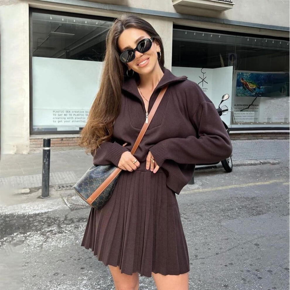 (dark red, Medium) "celebrity-inspired High-end Half-zip Two-piece Suit & Pleated Skirt For Women - Spring/autumn