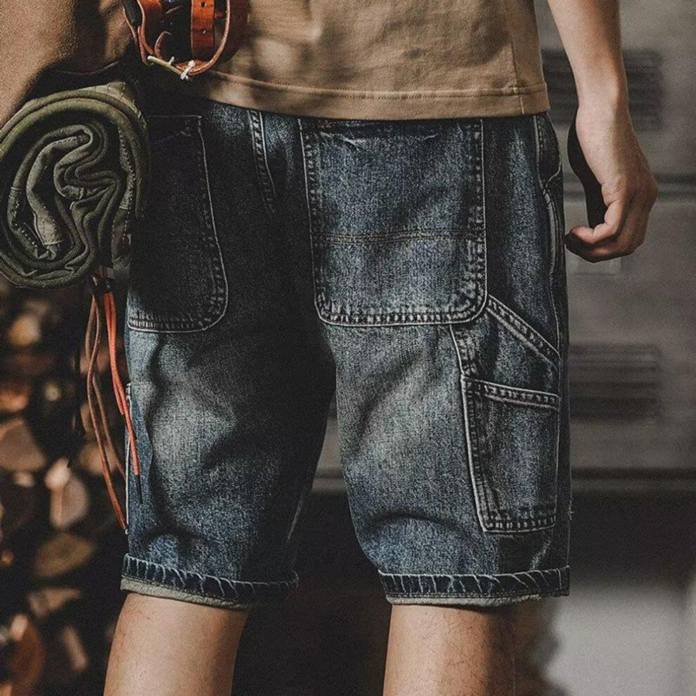 (light blue, 28) Men's Lightweight Elastic Denim Shorts, Loose Fit, Plus Size, 3/4 Length
