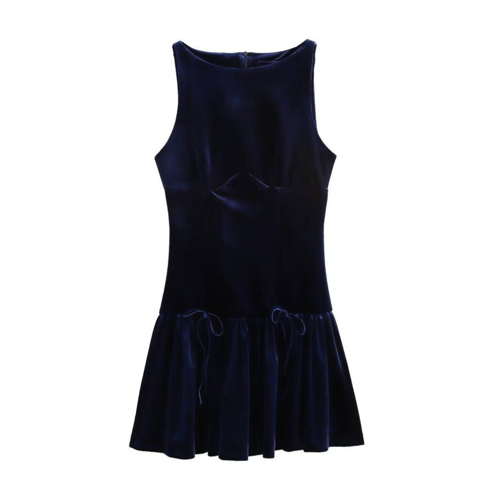 (dark blue, M) Velvet Bow-Decorated Sleeveless Slim Dress - European & American Style 9388072