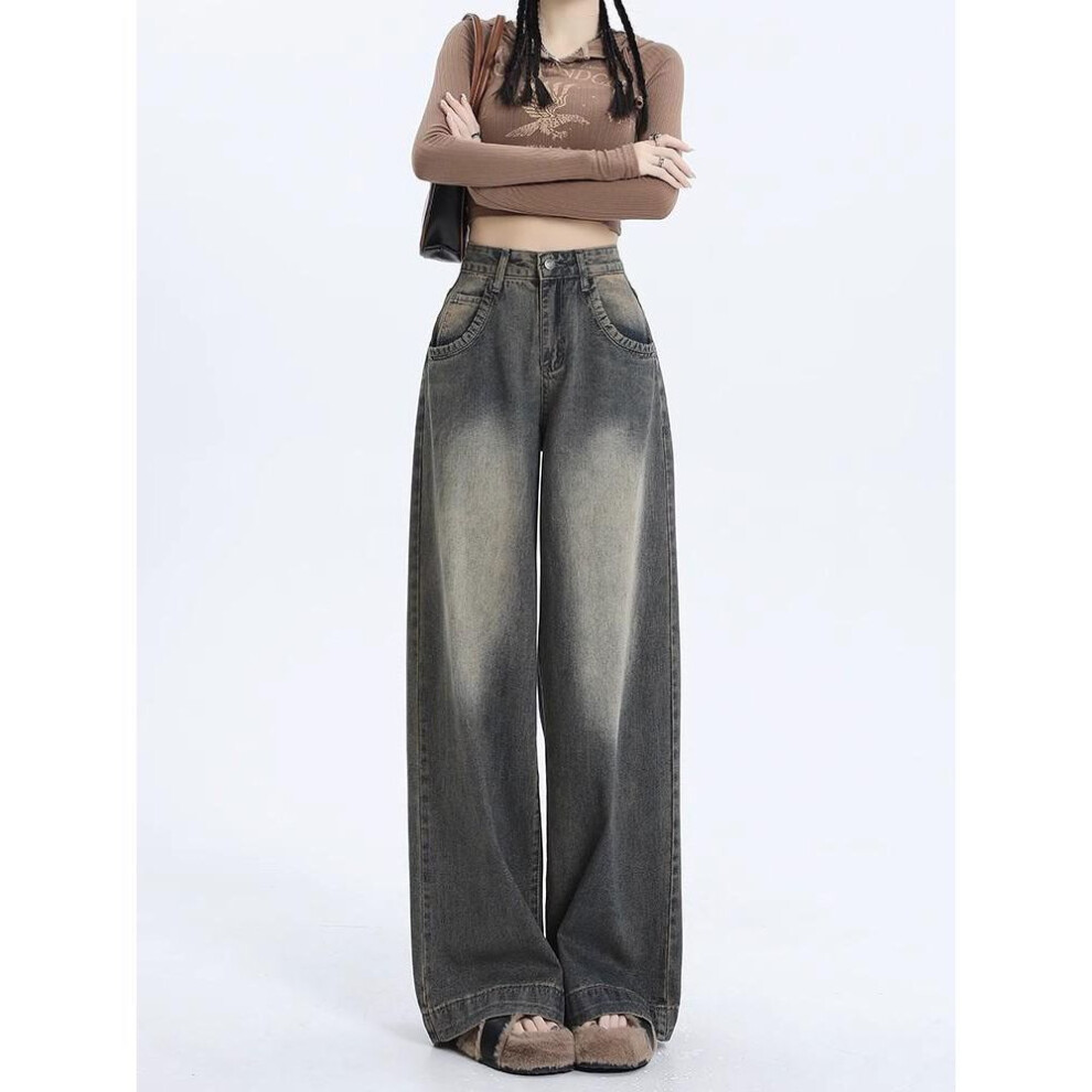 (blue, Extra Large) High-Waisted Retro Wide-Leg Jeans - Women's Straight-Leg Autumn Wash