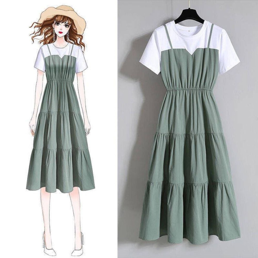(green, L) "Plus Size Women's Summer Fashion Sling Dress: Fake Two-Piece Long Skirt with Waist, French Short-Sleeved Design