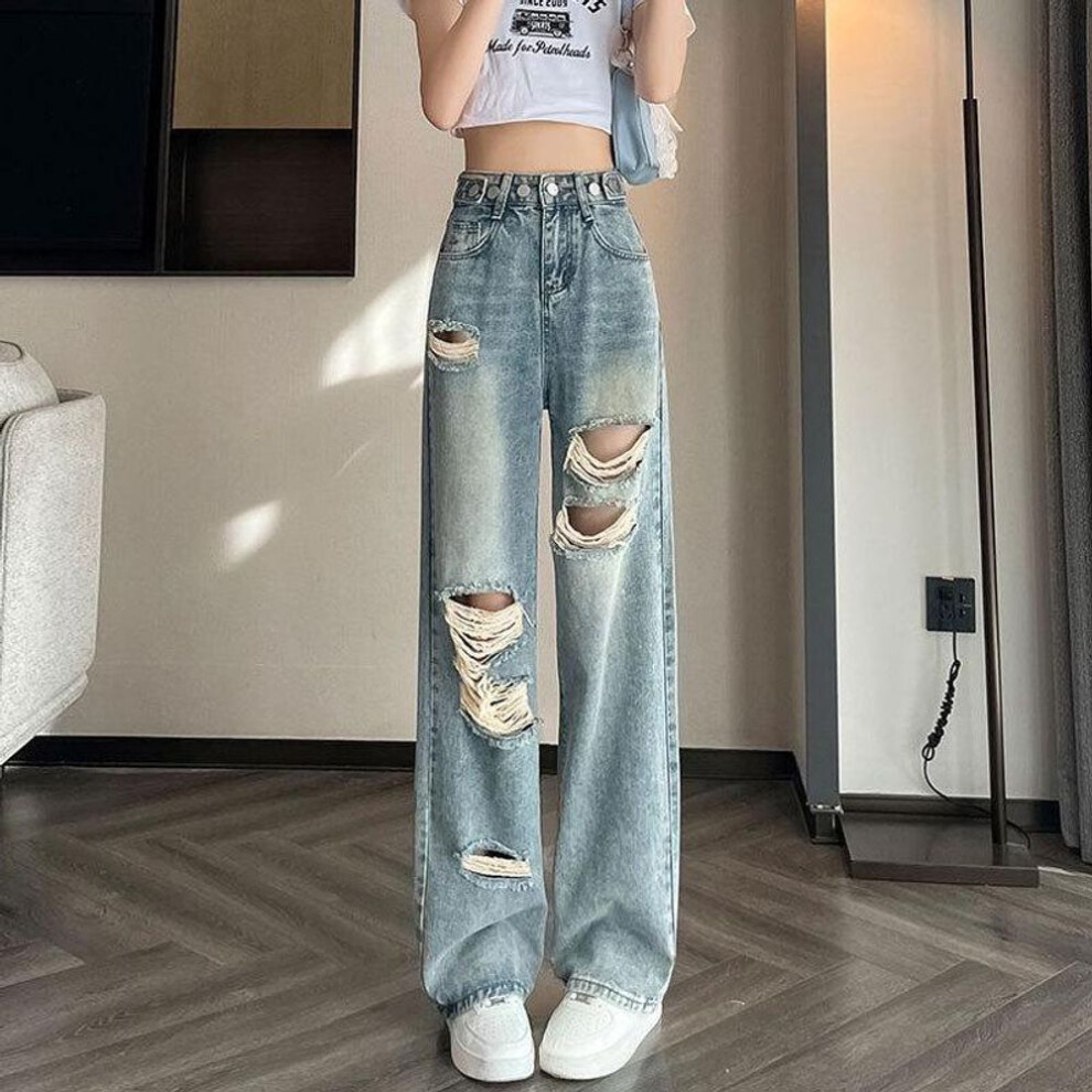 (light blue, L) Women's Adjustable High Waist Ripped Wide-leg Jeans