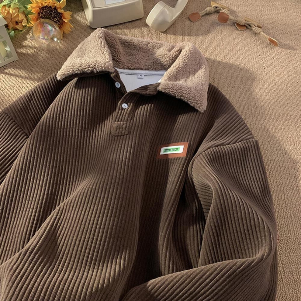 (brown, XL) Men's Autumn/winter Lambskin Polo Corduroy Jacket With Plus Velvet
