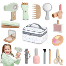 Coffret de maquillage en bois pour filles, 2 en 1, jeu de simulation de beauté, salon de coiffure et maquillage, 16 pièces, non toxique et sûr, c