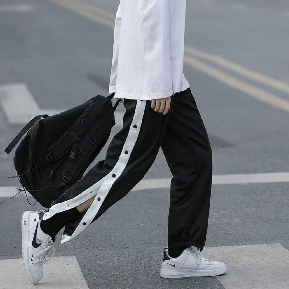 (black, L) Men's Basketball Side-breasted Button Sports Pants, Spring/summer High Street Training Trousers