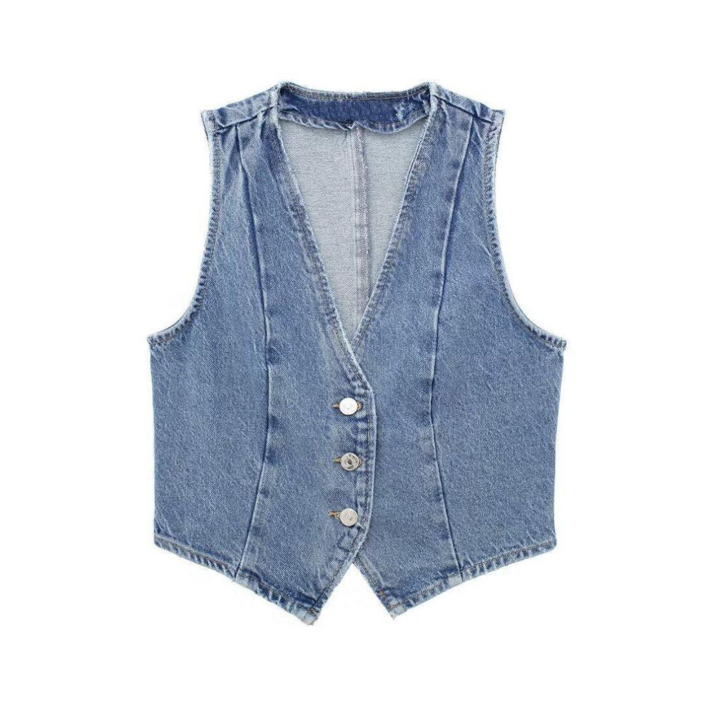 (XS) European & American Style Women's Slim Denim Vest And Wide-leg Pants Set