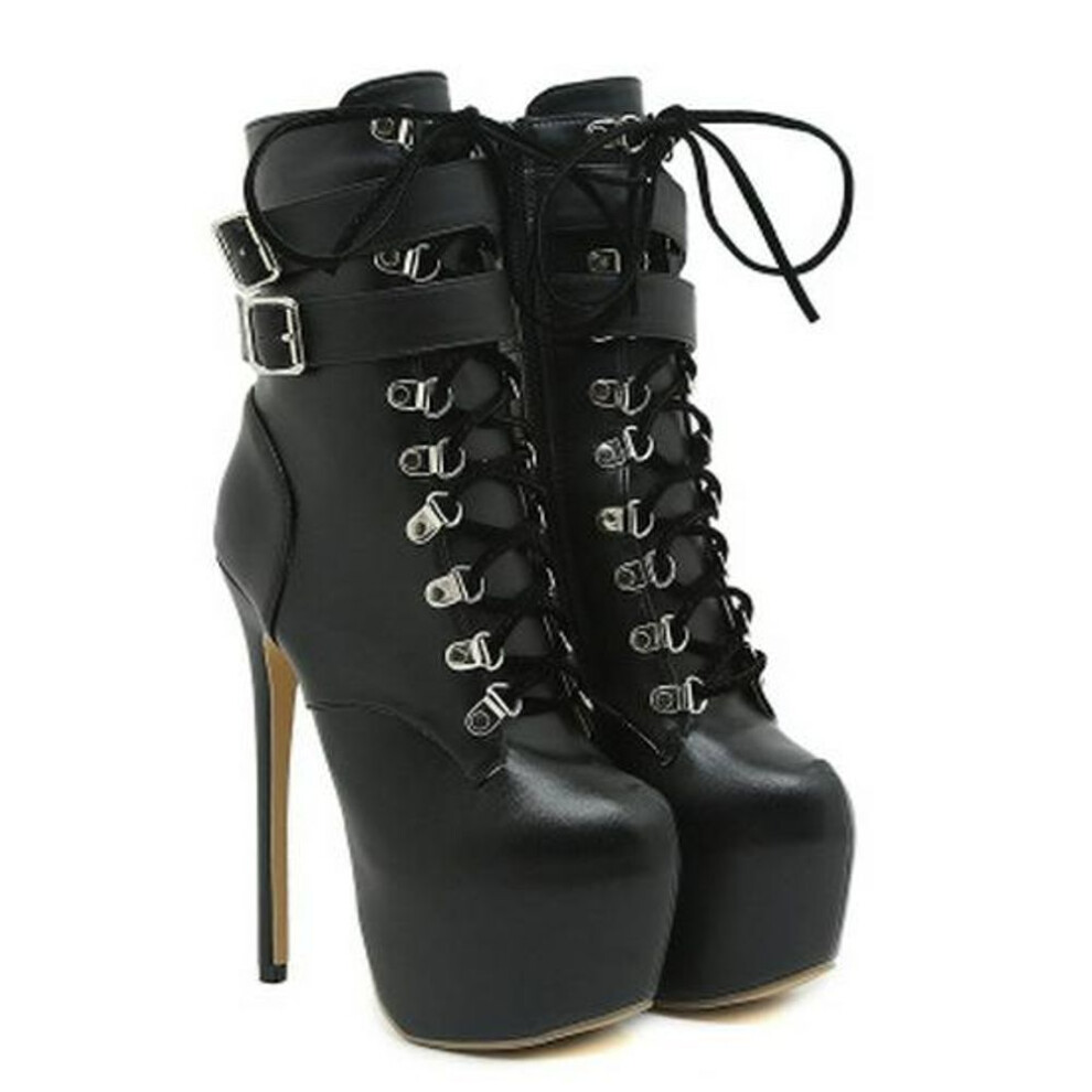 (black, 35) Winter 2024 Women's Mid-Calf High Heel Boots: Large Size, Lace-Up with Metal Buckle, European & American Fashion.