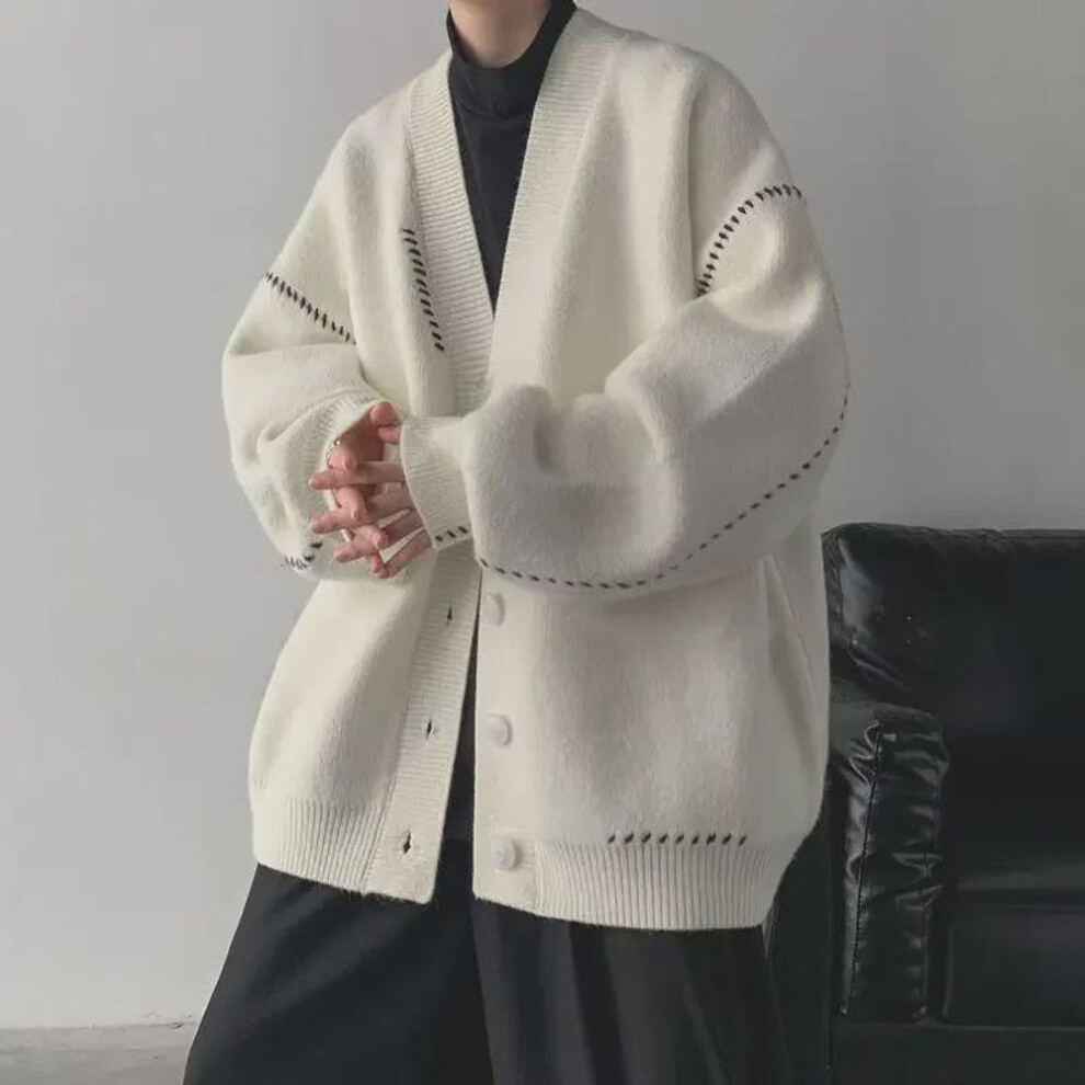 (white, XL) Men's Retro-Style Thick Winter Cardigan - Japanese V-Neck Knit Sweater
