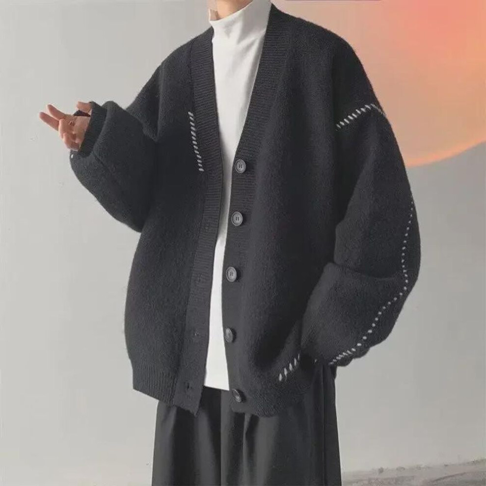 (black, XL) Men's Retro-Style Thick Winter Cardigan - Japanese V-Neck Knit Sweater