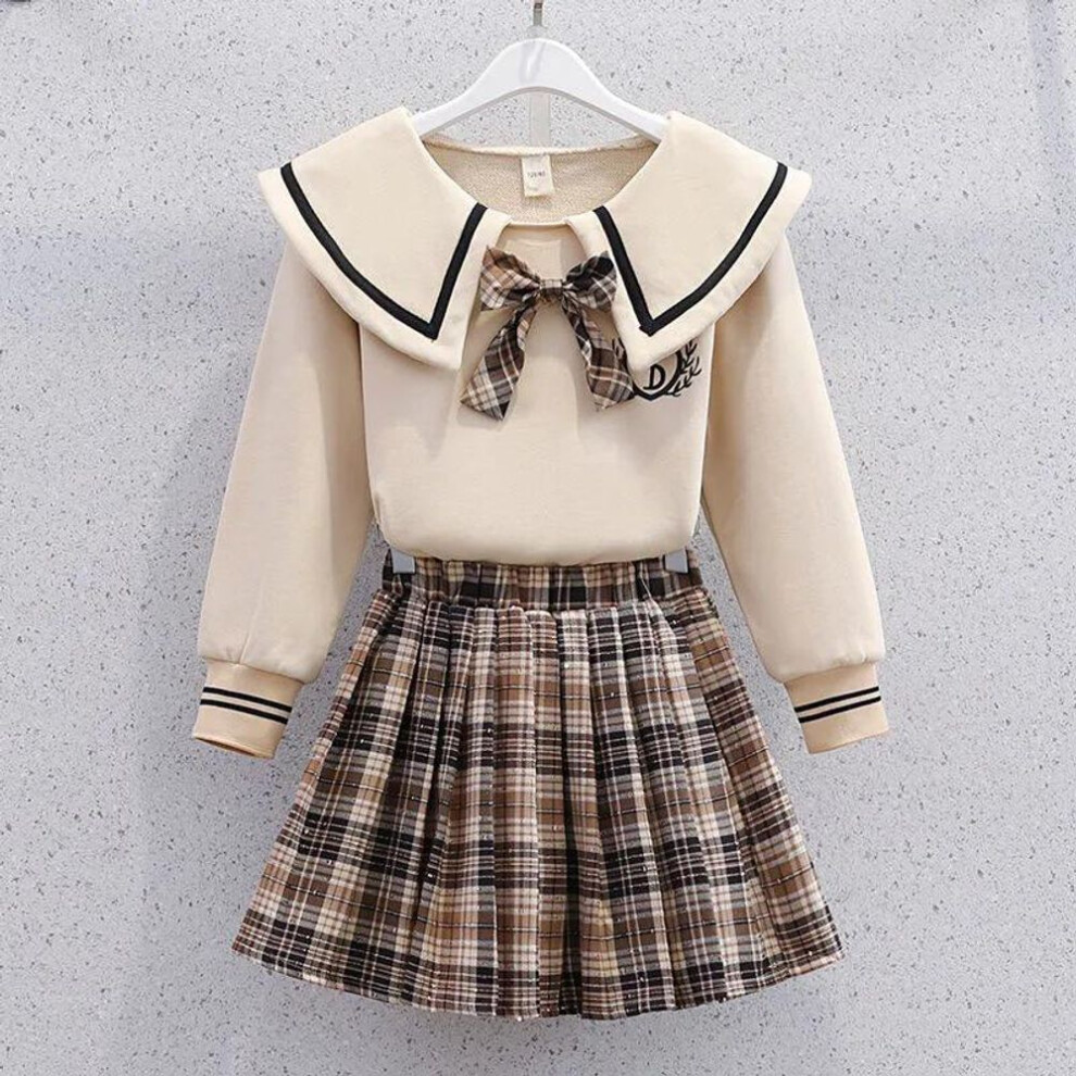 (apricot, 120 cm) Spring/Autumn Casual JK Uniform Skirt Set for Primary/Secondary Girls – Fashionable College-Style Plaid Two-Piece