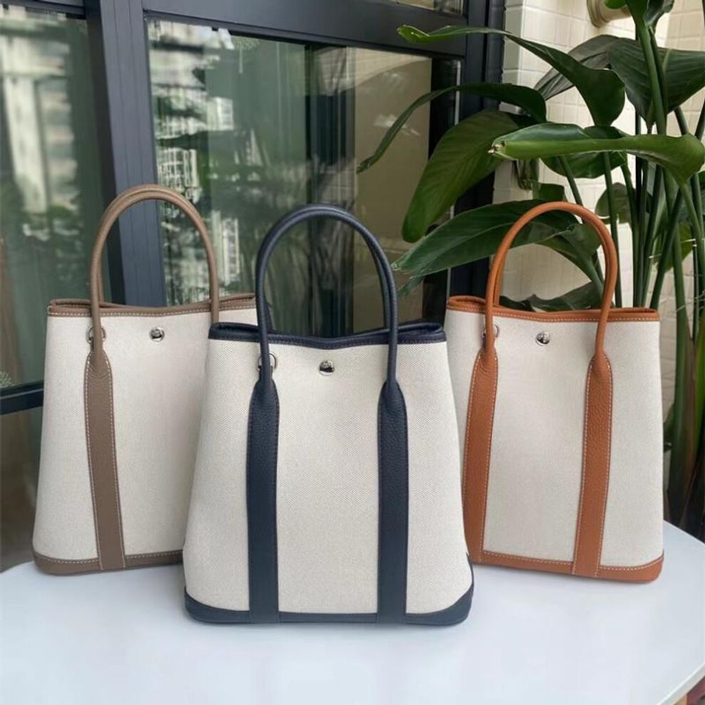(Ivory with Brown) "2024 Vertical Garden Cowhide & Canvas Tote: Handheld, Shoulder, Crossbody, Commuter, Large Capacity