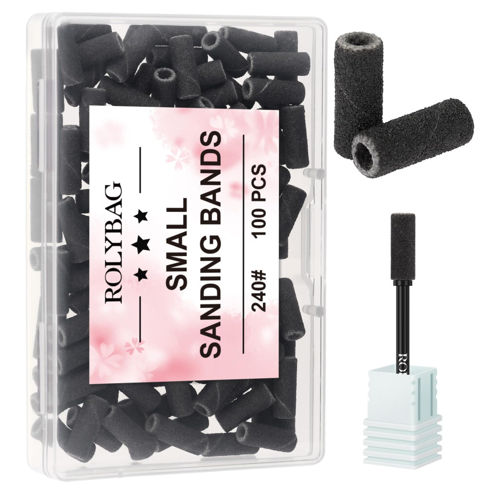 Rolybag 100Pcs Small Sanding Bands Nail Drill Bits 240 Extreme Fine Grit Nail File Sanding Bands With 3.1Mm Mandrel Bit For Acrylic Nails Gel Removing