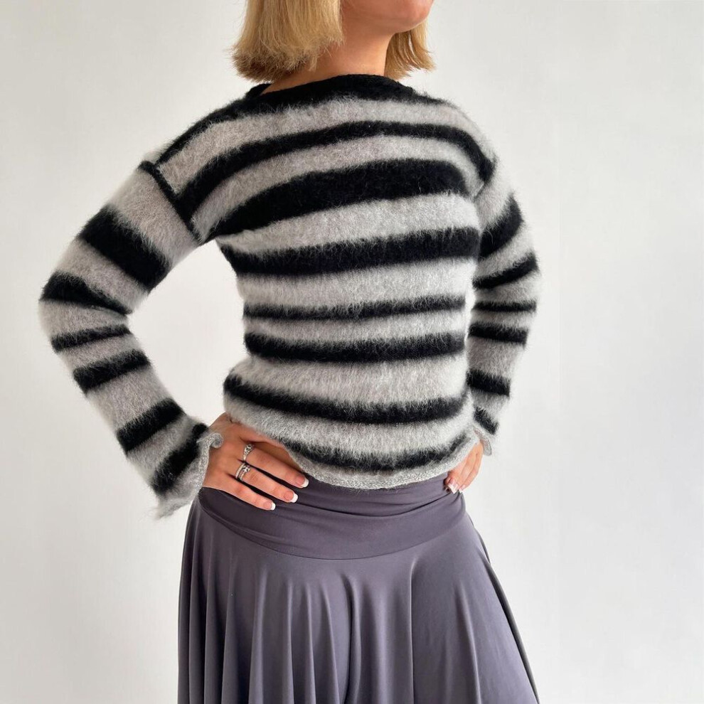 (white, Small) "european & American Mohair Striped Women's Sweater: Autumn/winter Slim Half-high Collar Pullover