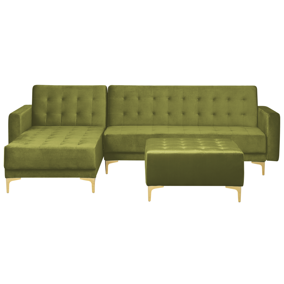 Right Hand Velvet Corner Sofa with Ottoman Green ABERDEEN