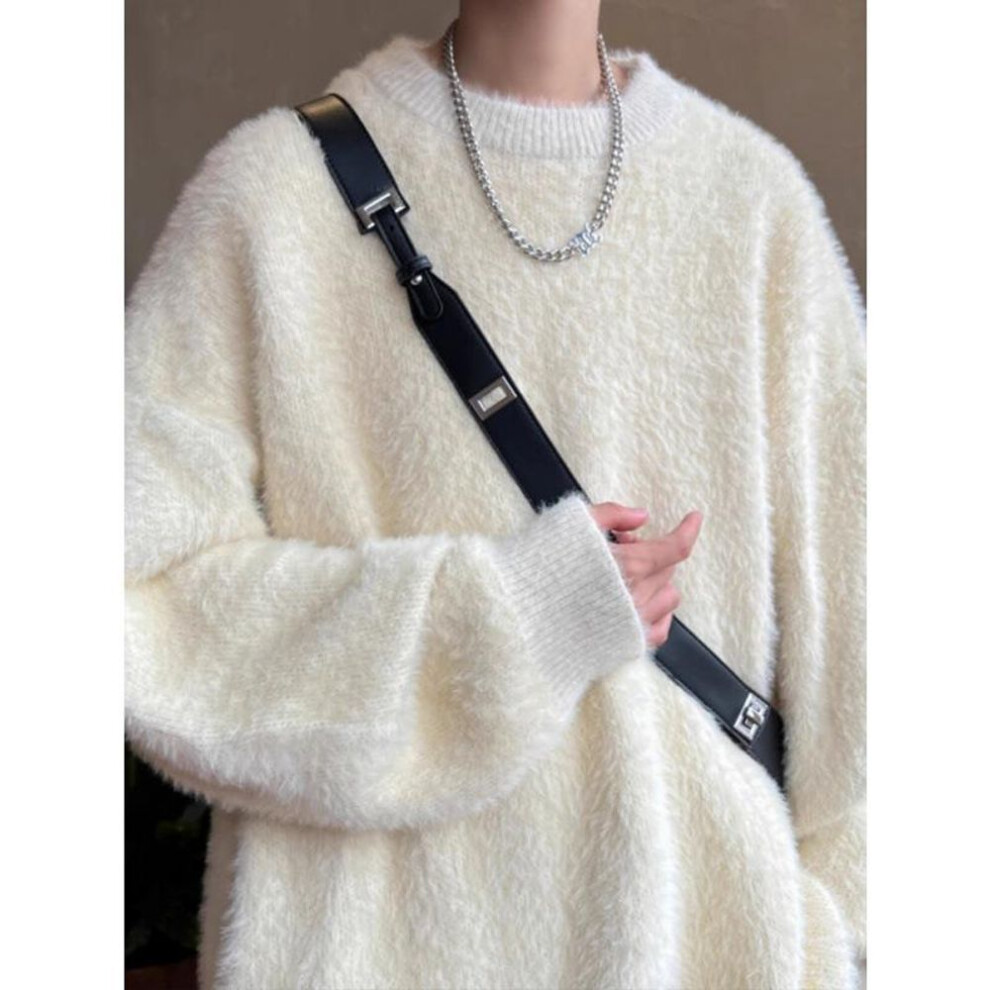 (cream,white, L) Men's Japanese Retro Loose Knit Sweater for Autumn and Winter