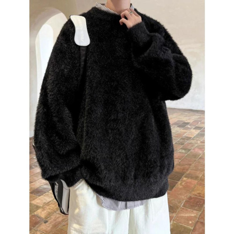 (black, XL) Men's Japanese Retro Loose Knit Sweater for Autumn and Winter