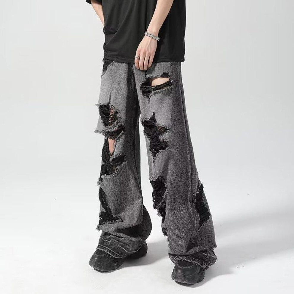 (black,grey, Large) Men's Black Retro Wide-Leg Ripped Jeans - Casual Straight Fit