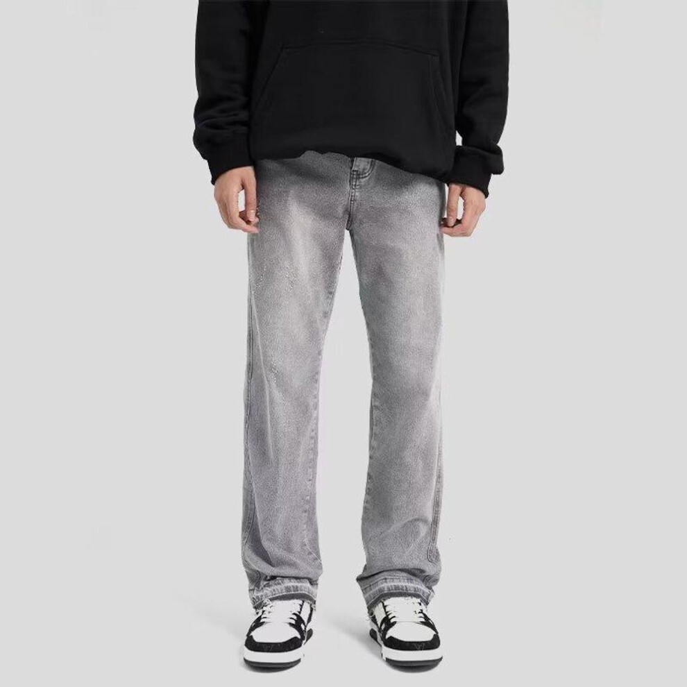 (XL) Unisex Light Gray Distressed Jeans With Raw Hem - Summer Style Straight Trousers