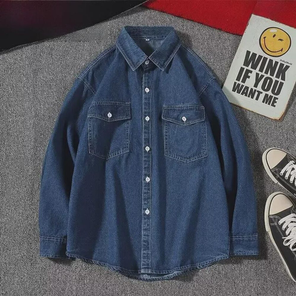 (dark blue, XXL) Men's Trendy Denim Shirt: Hong Kong Style Retro Fashion, Korean Casual, Handsome Long Sleeve Jacket