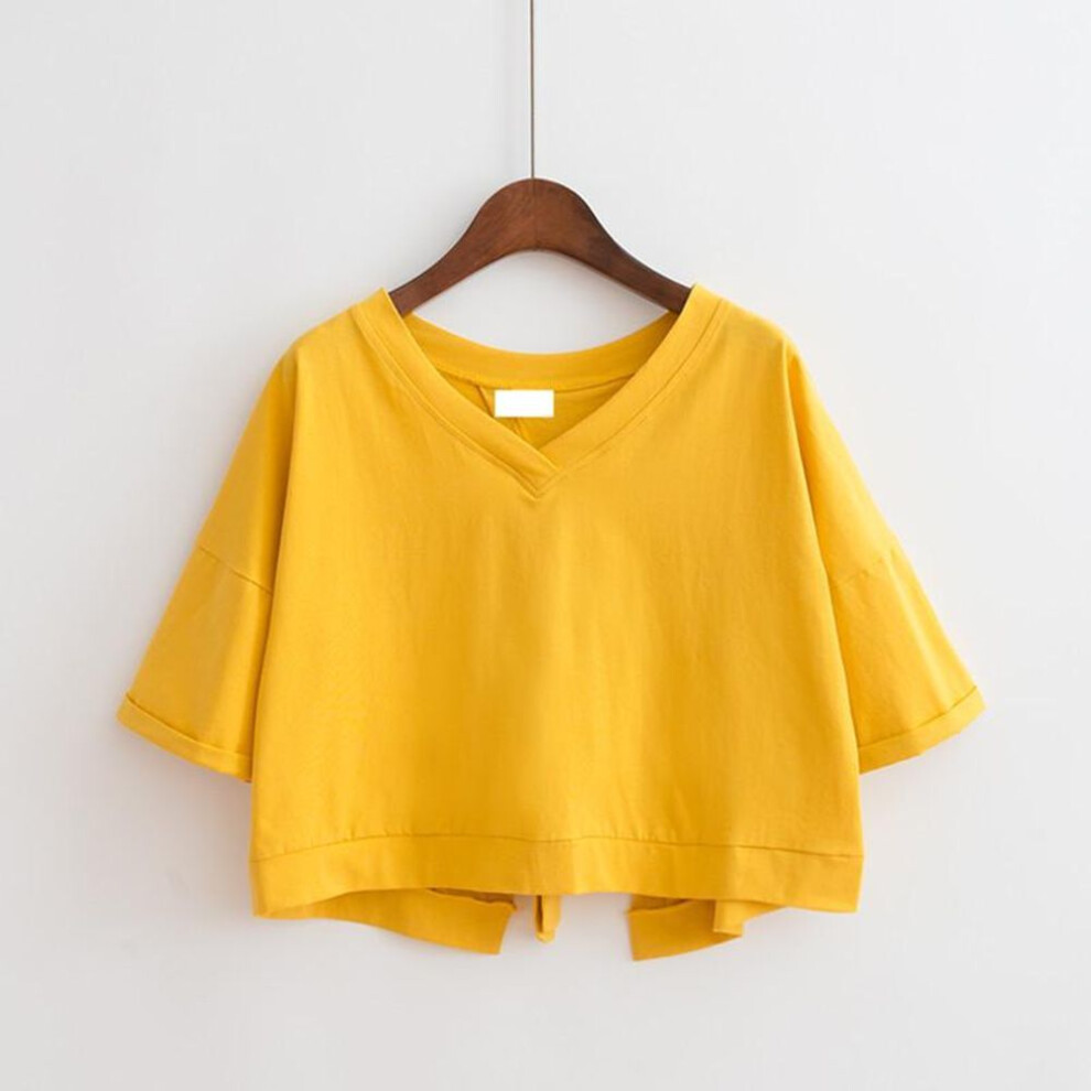 (yellow, XXL) Solid Color V-neck Backless Split High-waist Strappy Loose Short-sleeved Crop Top For Women