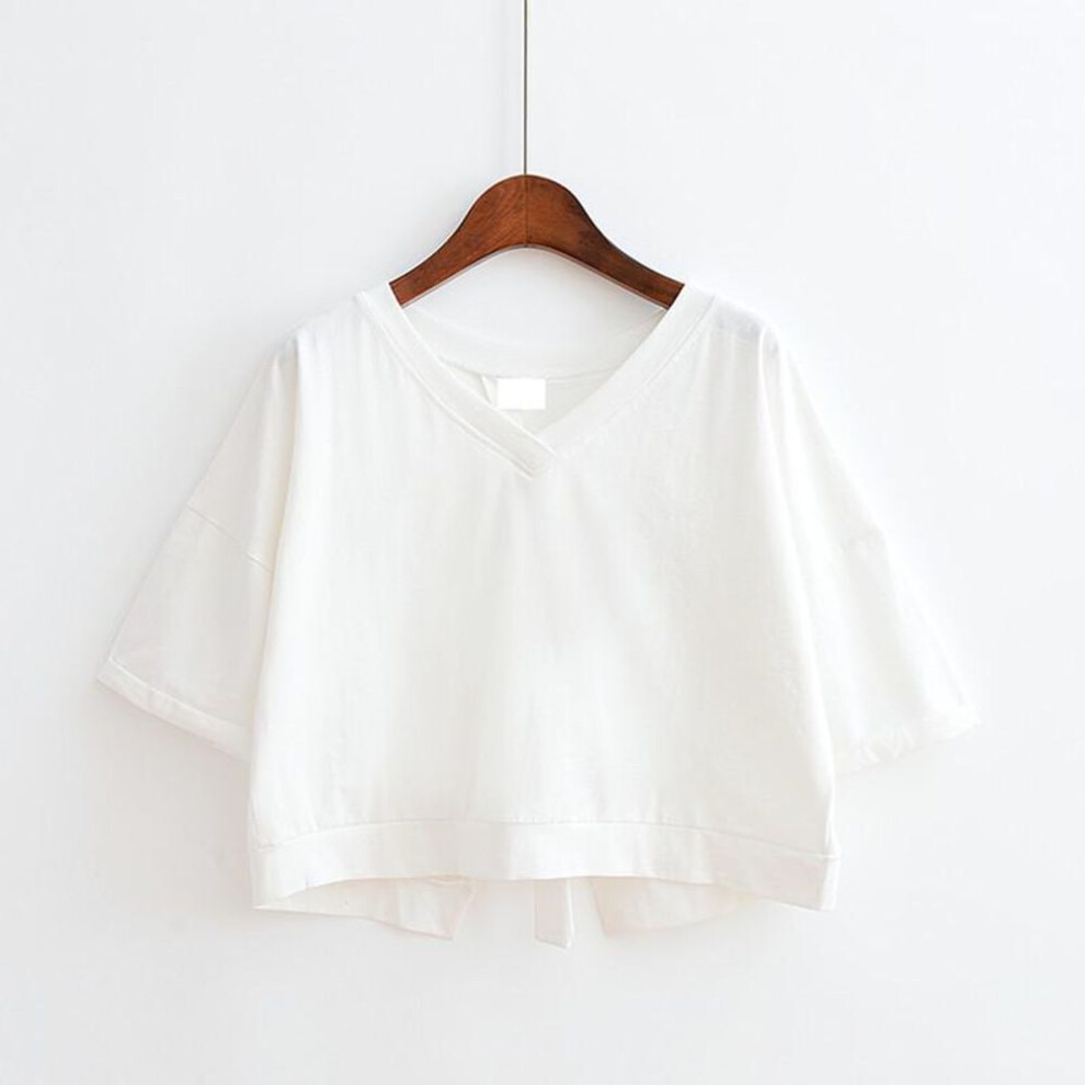 (white, L) Solid Color V-neck Backless Split High-waist Strappy Loose Short-sleeved Crop Top For Women