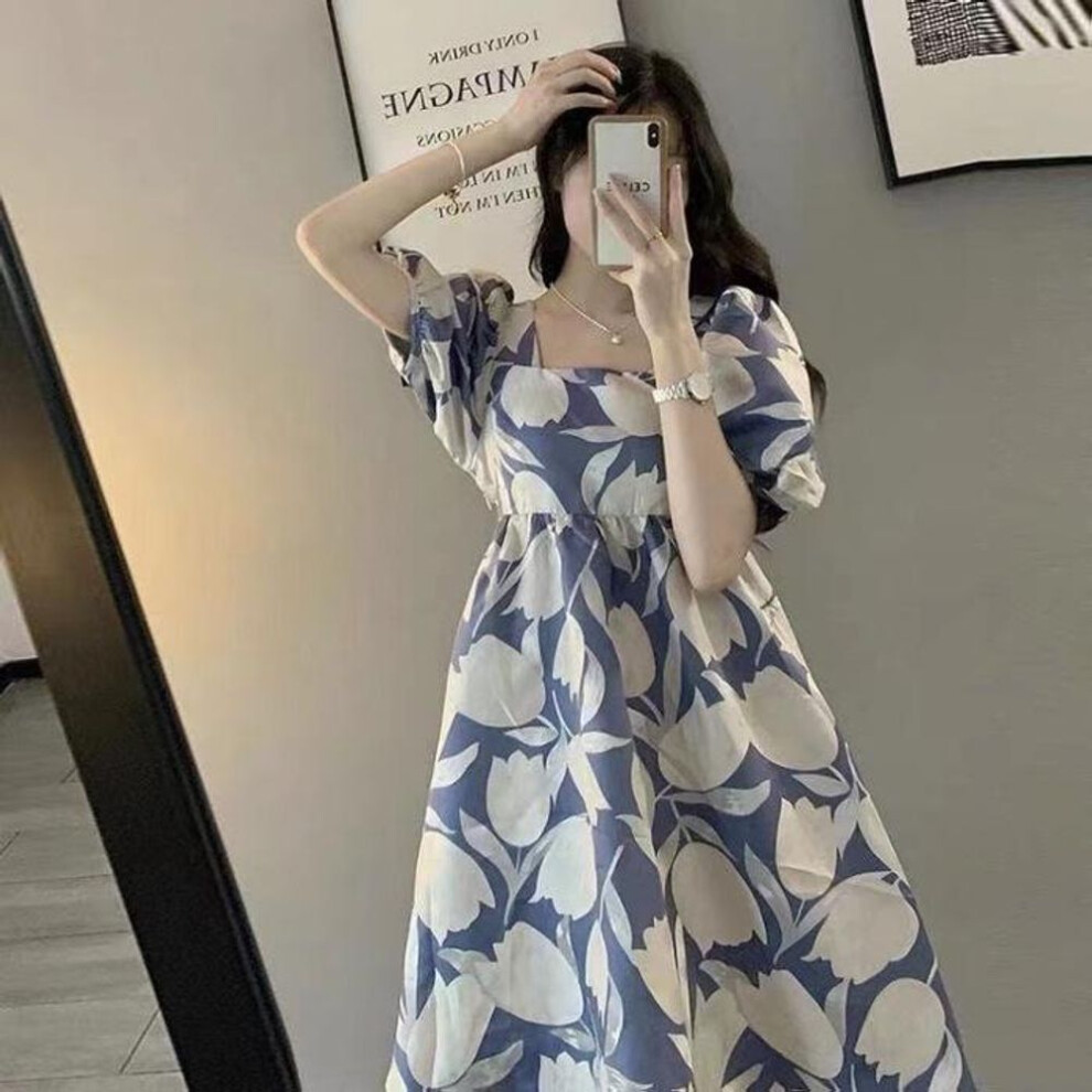 (blue, L) New Summer Fashion: High-end Mid-length Maternity Dresses With Printed Puff Sleeves