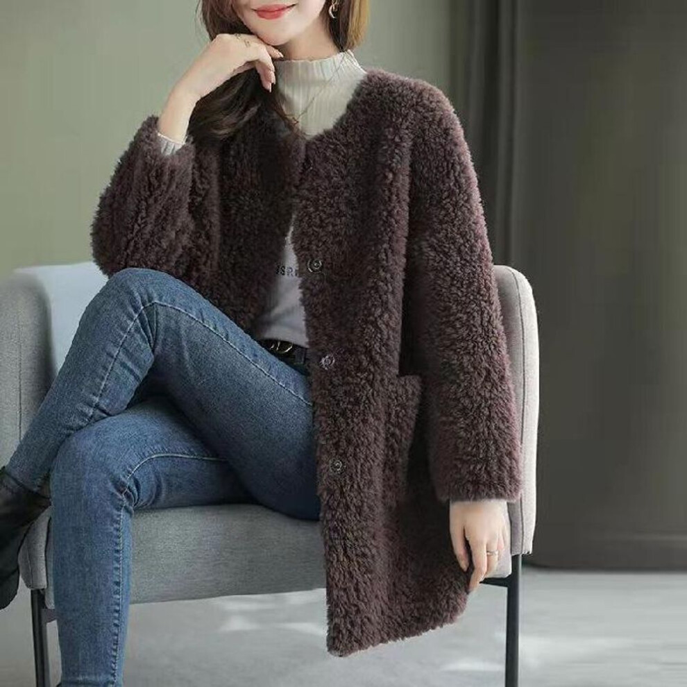 (coffee, M) "2024 Winter Women's Mid-length Shearling Lamb Fur Coat